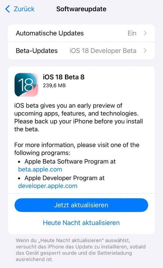 玛曲苹果手机维修分享苹果 iOS / iPadOS 18 开发者预览版 Beta 8 发布 